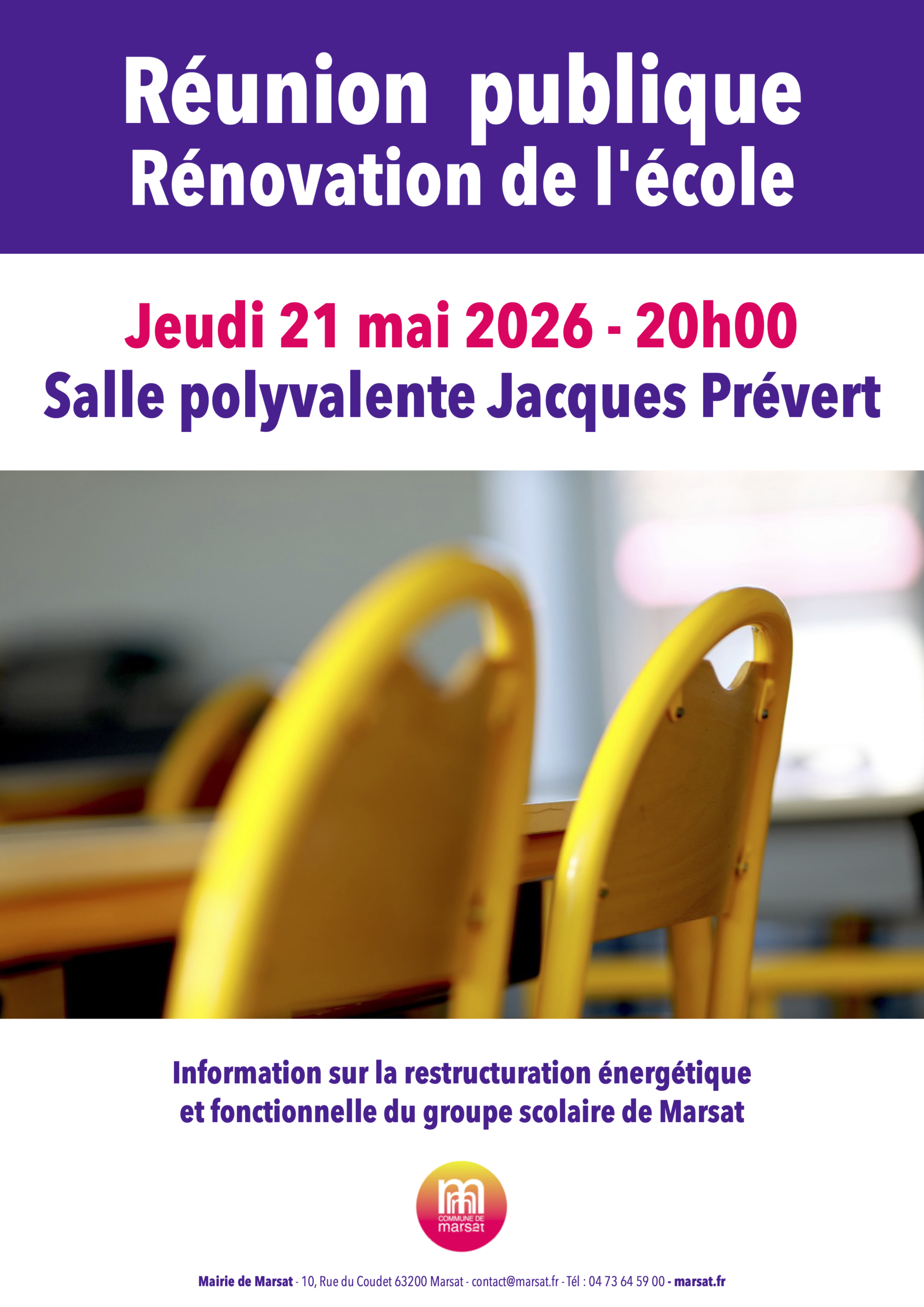 Réunion publique - Rénovation de l'école - Jeudi 21 mai 2026 20h00 - Salle Polyvalente Jacques Prévert