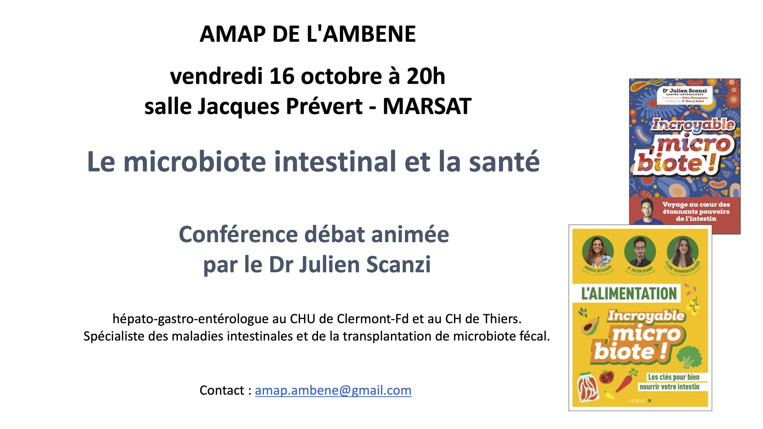 AMAP DE L'AMBENE vendredi 16 octobre à 20h salle Jacques Prévert - MARSAT Conférence : Le microbiote intestinal et la santé